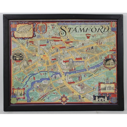 567 - After Wilfrid Rene Wood (1888-1976): an 'Illustrated Street Map of Stamford', coloured lithograph, s... 