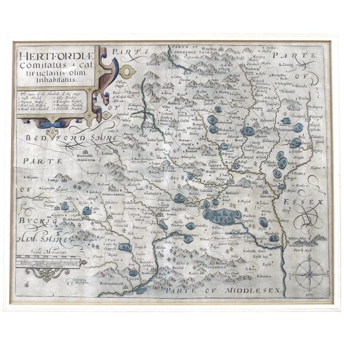 570 - William Kip (British, 1598-1610): three hand coloured 17th century maps, including 'Hertford', 'Dors... 