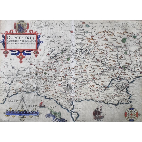 570 - William Kip (British, 1598-1610): three hand coloured 17th century maps, including 'Hertford', 'Dors... 