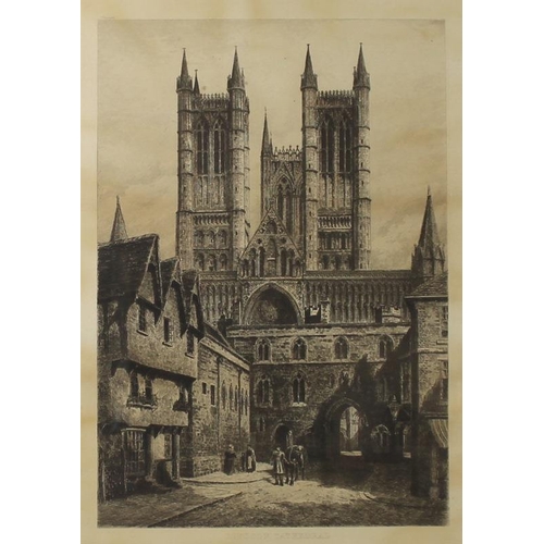 571 - Lincoln Cathedral: a 19th century engraving, with title to lower margin, with a 1936 postal label ve... 