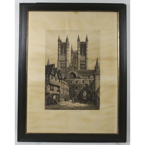 571 - Lincoln Cathedral: a 19th century engraving, with title to lower margin, with a 1936 postal label ve... 