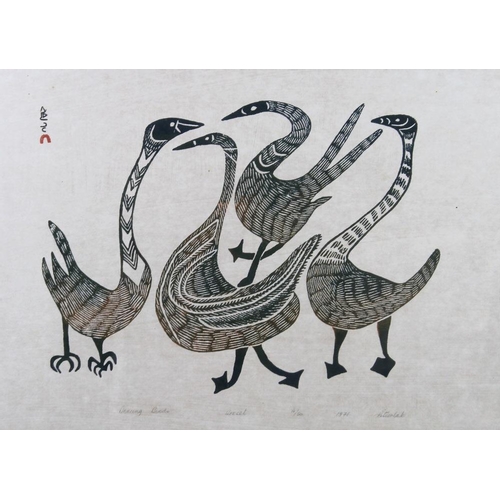 577 - Peter Pitseolak (Innuit, 1902-1973): 'Dancing Birds', a limited edition print, signed in pencil lowe... 