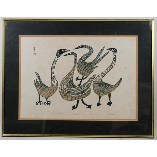 577 - Peter Pitseolak (Innuit, 1902-1973): 'Dancing Birds', a limited edition print, signed in pencil lowe... 