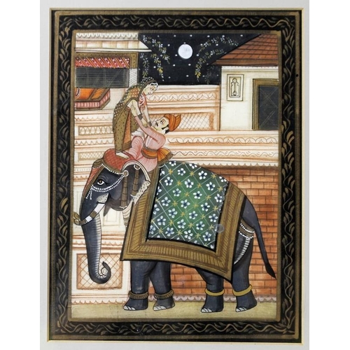 583 - A pair of Mogul silk paintings, one depicting a moonlit elopement by elephant, the other a couple in... 