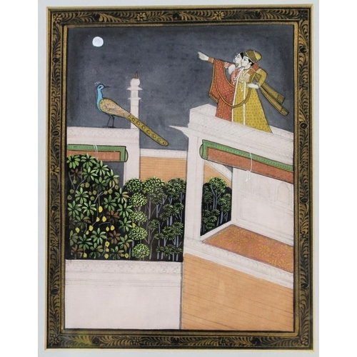 583 - A pair of Mogul silk paintings, one depicting a moonlit elopement by elephant, the other a couple in... 