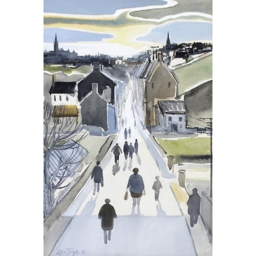 584 - Leo Toye (Irish, b,1940): 'Clones, Ireland', a street scene with pedestrians, watercolour, signed an... 