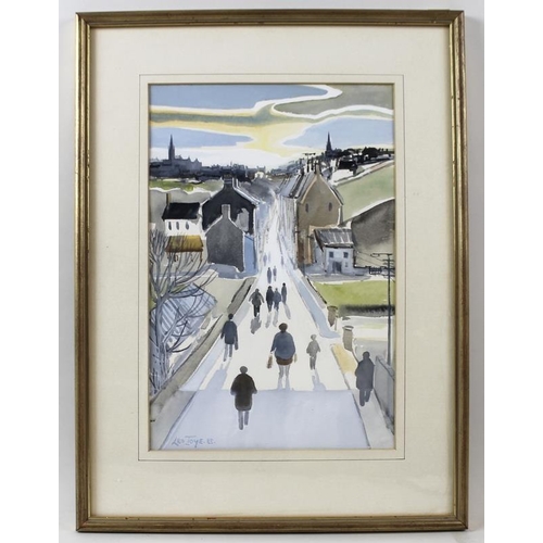 584 - Leo Toye (Irish, b,1940): 'Clones, Ireland', a street scene with pedestrians, watercolour, signed an... 