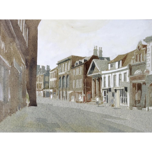 586 - Alan Oliver (British, 20th century): 'High Street, Stamford', watercolour, with legend verso, 22 by ... 