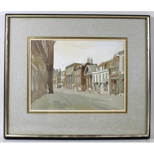 586 - Alan Oliver (British, 20th century): 'High Street, Stamford', watercolour, with legend verso, 22 by ... 