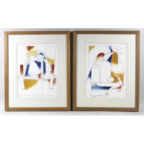 587 - Thattan Sharan Madras (Indian, 20th century): a pair of Indian figurative studies, pencil and waterc... 