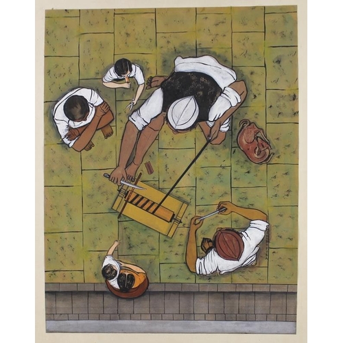 588 - Jayant Sidhpura (Indian, 20th century): 'Sharpener', a study of men at work, watercolour, signed low... 