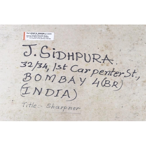 588 - Jayant Sidhpura (Indian, 20th century): 'Sharpener', a study of men at work, watercolour, signed low... 