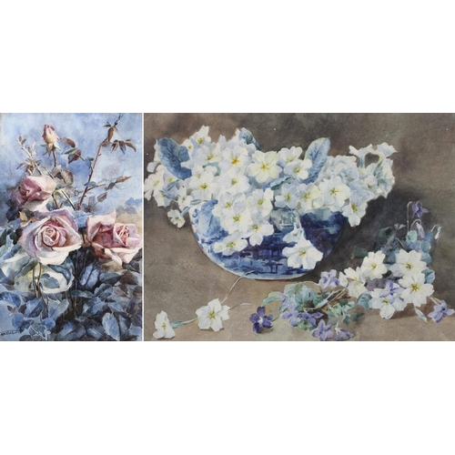 593 - Gladys Handley (British, 20th century): 'Primroses with Violets', and 'Pink Roses', a pair of waterc... 