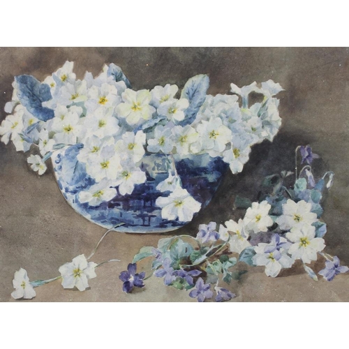 593 - Gladys Handley (British, 20th century): 'Primroses with Violets', and 'Pink Roses', a pair of waterc... 