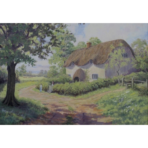 596 - V. Barnley (British, 20th century): a thatched cottage in the country with two ladies conversing at ... 