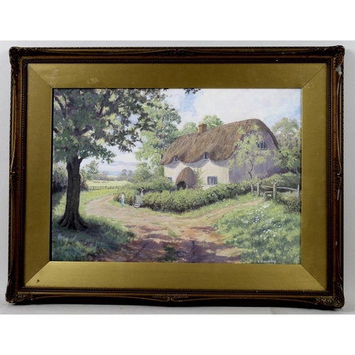 596 - V. Barnley (British, 20th century): a thatched cottage in the country with two ladies conversing at ... 