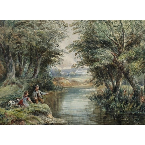 597 - A late 19th or early 20th century watercolour of a fishing scene, with figures and a dog on the rive... 