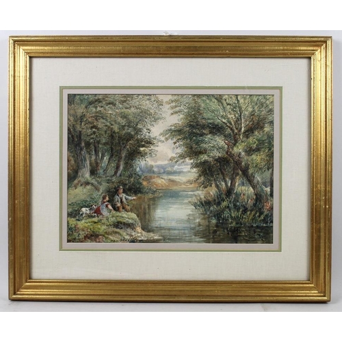 597 - A late 19th or early 20th century watercolour of a fishing scene, with figures and a dog on the rive... 