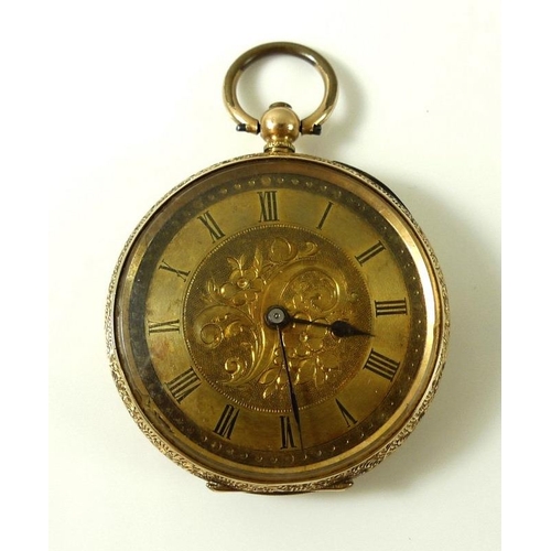 907 - A Victorian ladies Continental pocket watch, the body and face foliate engraved, the back with centr... 