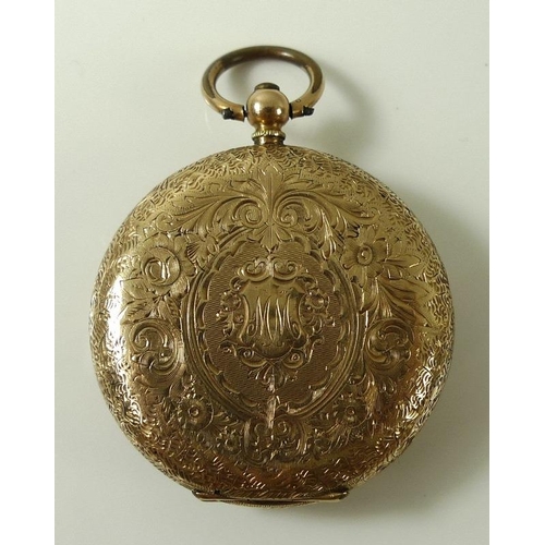 907 - A Victorian ladies Continental pocket watch, the body and face foliate engraved, the back with centr... 