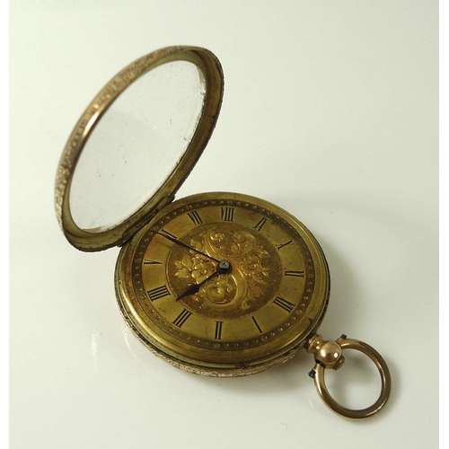 907 - A Victorian ladies Continental pocket watch, the body and face foliate engraved, the back with centr... 