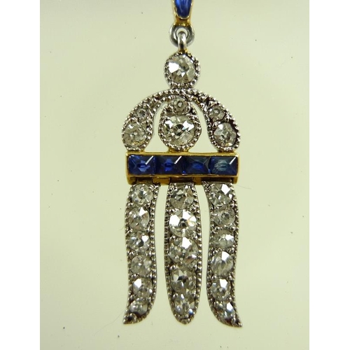 937 - A pair of 1930's Art Deco diamond and sapphire earrings, of drop hare-bell design, each earring form... 