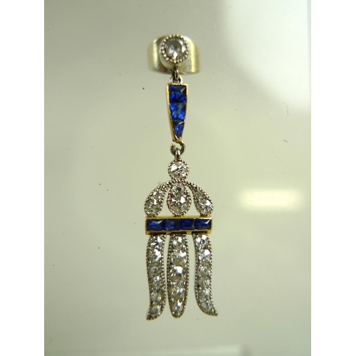 937 - A pair of 1930's Art Deco diamond and sapphire earrings, of drop hare-bell design, each earring form... 