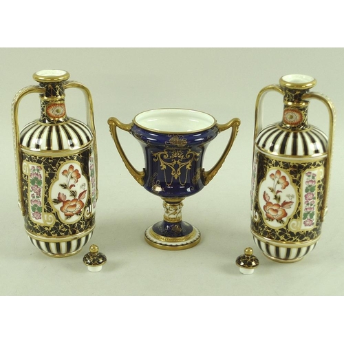 520 - A group of china, comprising a Royal Crown Derby vase with two handles, with cobalt blue background ... 