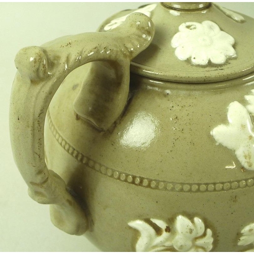 528 - An early Victorian stoneware named teapot, local interest, of globular form with buff coloured glaze... 