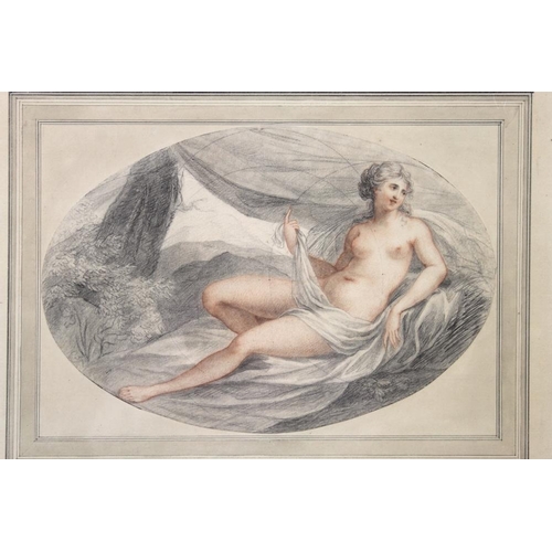 576 - A 19th century oval pencil and chalk sketch of a reclining nude female figure, with countryside to t... 