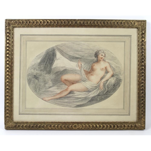 576 - A 19th century oval pencil and chalk sketch of a reclining nude female figure, with countryside to t... 