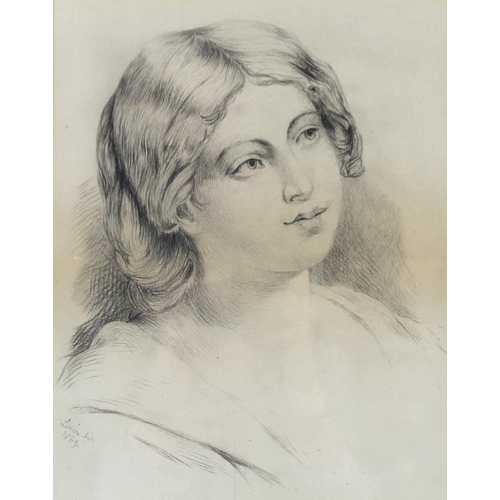 577 - Louisa Hill (British, 19th century): a pencil portrait of a young girl, signed and dated 1869 lower ... 