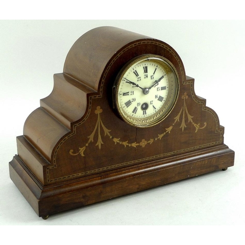 760 - An Edwardian mahogany and inlaid mantel clock, cream three inch dial with black Roman numerals and A... 