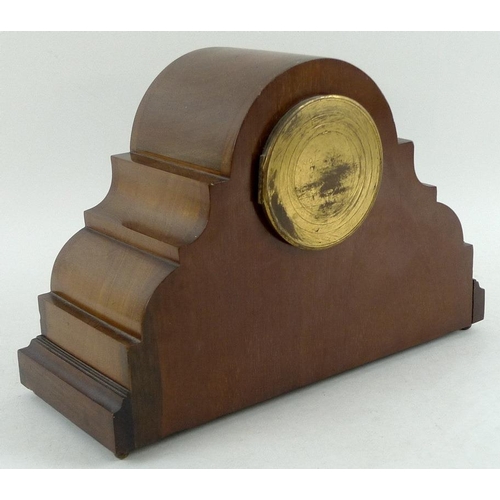 760 - An Edwardian mahogany and inlaid mantel clock, cream three inch dial with black Roman numerals and A... 