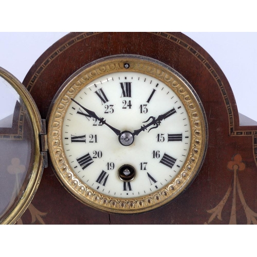 760 - An Edwardian mahogany and inlaid mantel clock, cream three inch dial with black Roman numerals and A... 