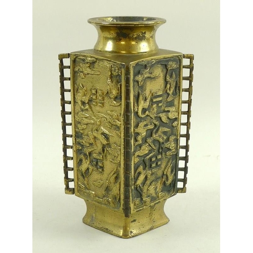 762 - A Chinese bronze vase, Qing Dynasty, late 19th century, of cong form with slab sides, applied and pi... 