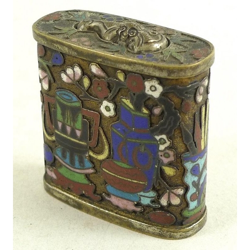 767 - A Chinese cloisonne enamel box and cover, Qing Dynasty 18th  / 19th century, of flattened cylindrica... 