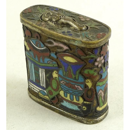 767 - A Chinese cloisonne enamel box and cover, Qing Dynasty 18th  / 19th century, of flattened cylindrica... 