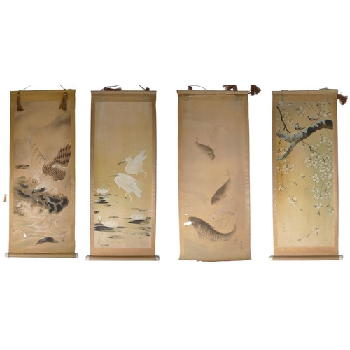 769 - A set of four Japanese watercolour scrolls, Meiji period, late 19th / early 20th century, painted on... 