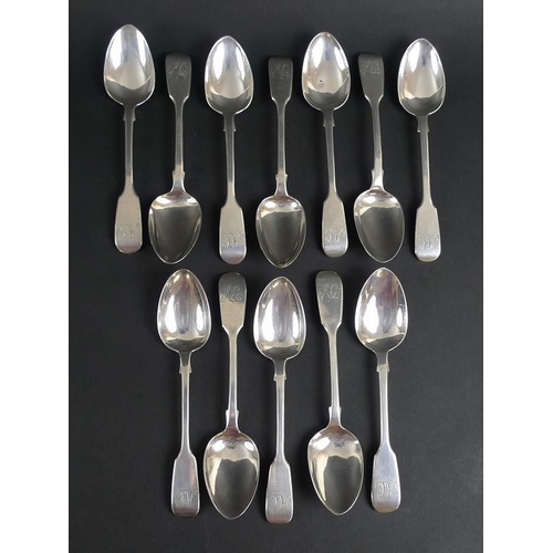 774 - A collection of twelve silver fiddle pattern teaspoons, the finials engraved AC, London 1843/4, Char... 