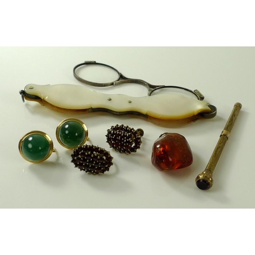 785 - A pair of 9ct gold earrings with conical jade cabochons, screw backs, 6g, together with a pair of ye... 