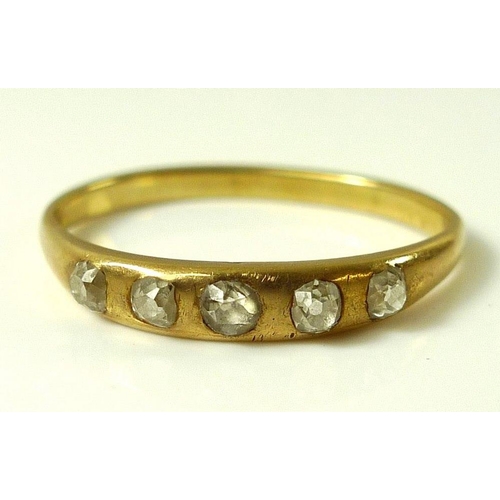 797 - A 14ct gold ring set with five old cut diamonds, approx 0.2ct total diamond weight, band mis-shapen,... 