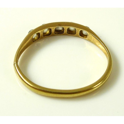 797 - A 14ct gold ring set with five old cut diamonds, approx 0.2ct total diamond weight, band mis-shapen,... 