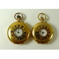 Two 18K gold cased half hunter lady's pocket watches, both keyless wind, with Roman numerals to oute... 