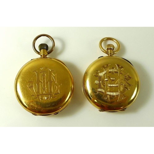 825 - Two 18K gold cased half hunter lady's pocket watches, both keyless wind, with Roman numerals to oute... 