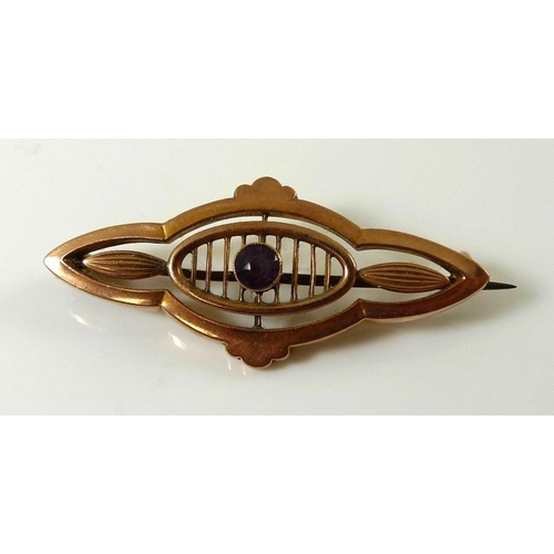 834 - A Murle Bennet early 20th century 9ct rose gold brooch set with amethyst, back stamped MB and Co, 9c... 