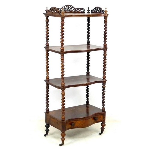 926 - A late Victorian mahogany whatnot, with four tiers, pierced and fret carved three quarter gallery, b... 