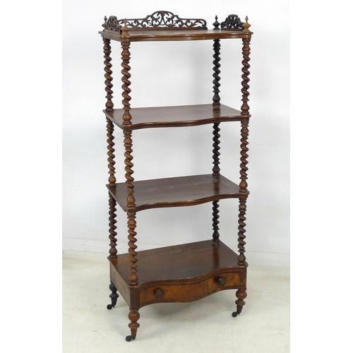 926 - A late Victorian mahogany whatnot, with four tiers, pierced and fret carved three quarter gallery, b... 