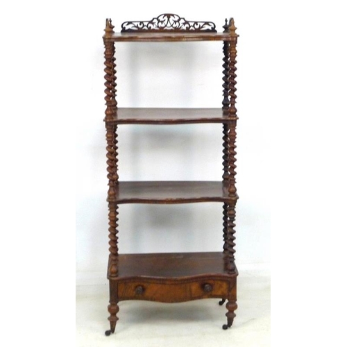 926 - A late Victorian mahogany whatnot, with four tiers, pierced and fret carved three quarter gallery, b... 