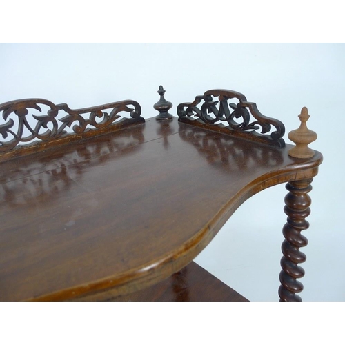 926 - A late Victorian mahogany whatnot, with four tiers, pierced and fret carved three quarter gallery, b... 